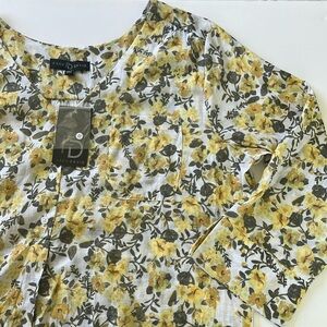 Fred David White Yellow & Green Floral Summer Women's Woven V-Neck Top, XL, NWT